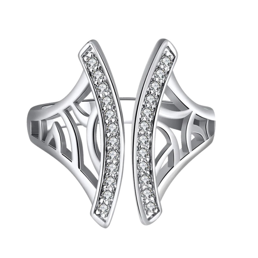 White Gold Plated Statement Wave Ring with CZ – Size 7.5